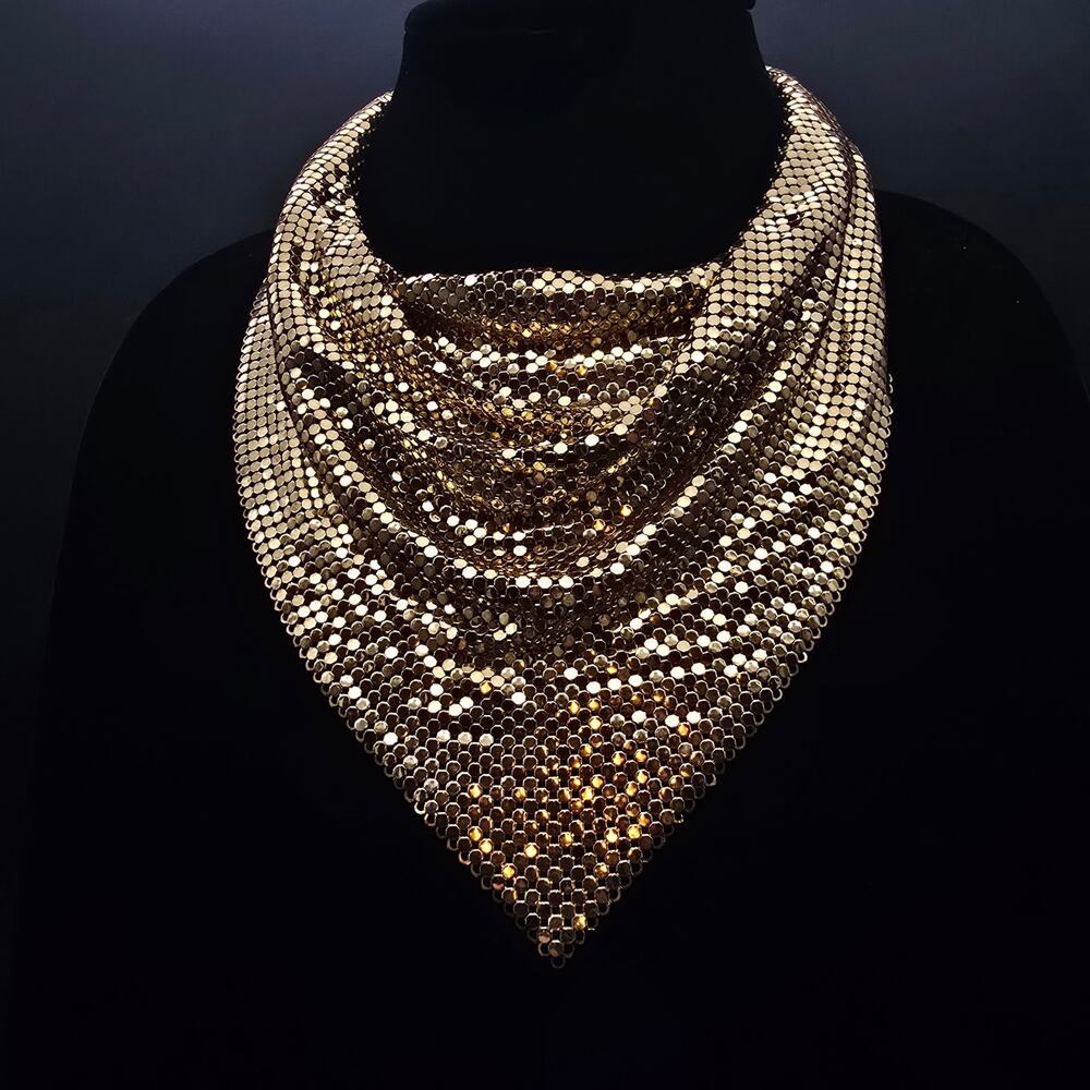 Whiting & Davis Gold Tone Mesh Bib Necklace Vintage Costume Jewelry - Picture 4 of 9